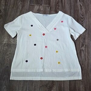 MISSlook White Embroidered Floral Short Sleeve‎ V Neck Top Women XL